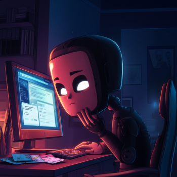 A stylized robot with a face mask and glowing white eyes sits at a desk pretending to be human, in front of a computer screen displaying various digital interfaces, with credit cards visible in front of the keyboard.